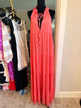 Vince Camuto Coral Tiered Tassel Maxi Swim Cover Dress - Small